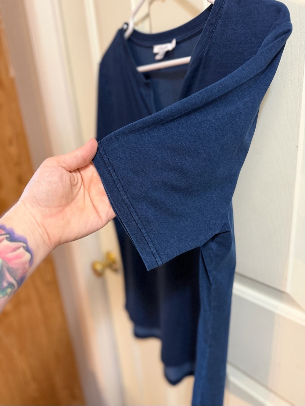 Chico's Navy Blue Split Neck Short Sleeve Tee Shirt | Coastal Grandma Beach | L - Picture 6 of 7